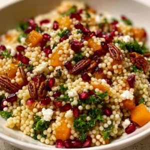 Honey Autumn Pearl Couscous Salad with seasonal vegetables and honey dressing