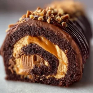 Irresistible Peanut Butter Cup Chocolate Roll dessert with chocolate and peanut butter layers