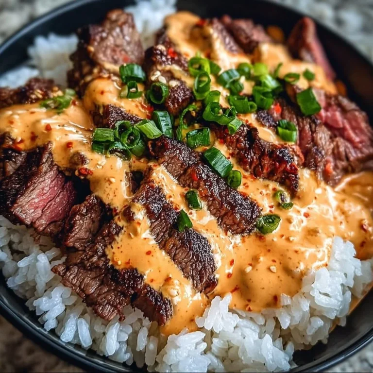 Delicious Korean BBQ steak rice bowl drizzled with spicy cream sauce