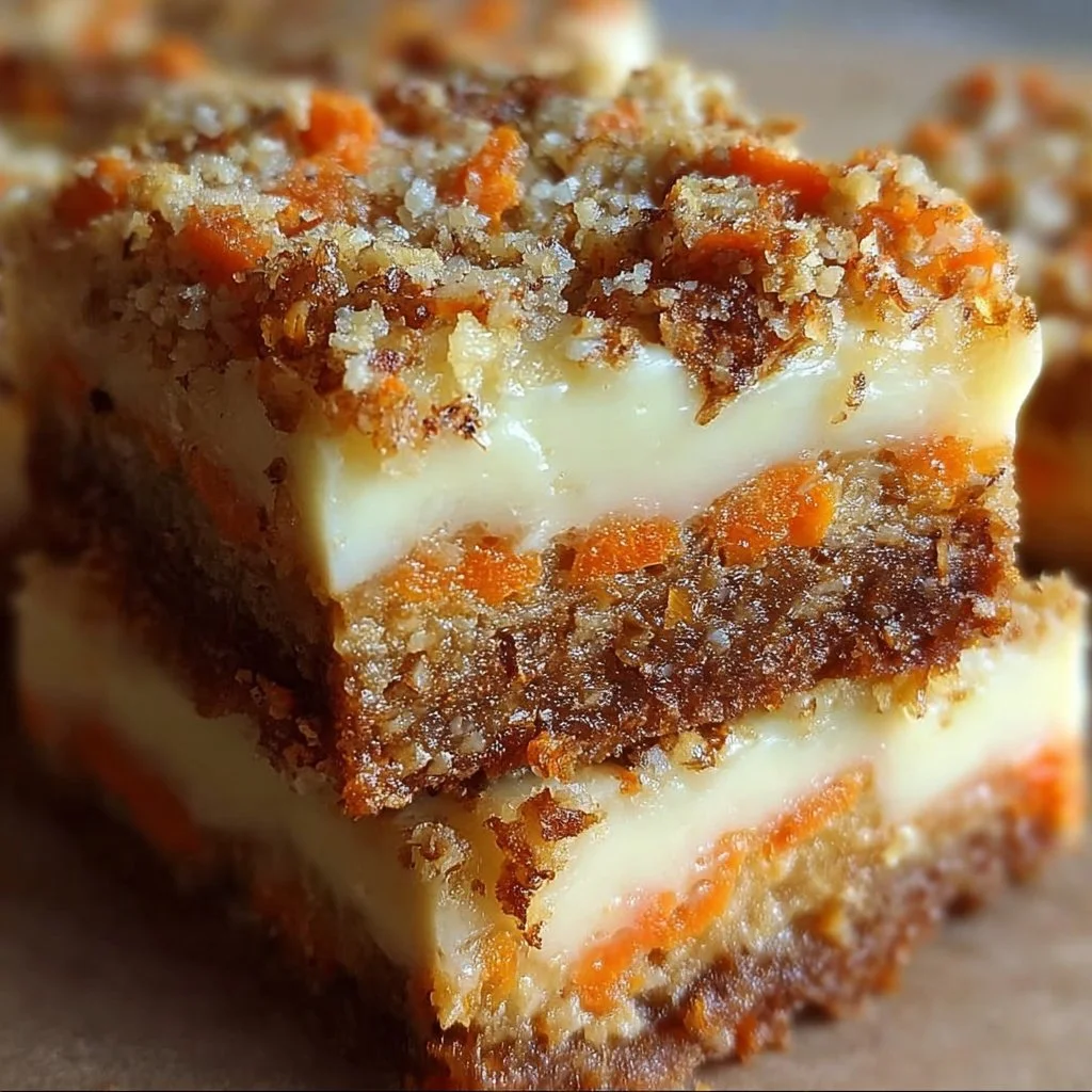 Delicious carrot cake cream cheese bars topped with frosting on a wooden table