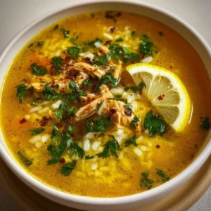 Bowl of Lemon Ginger Turmeric Chicken and Rice Soup garnished with herbs