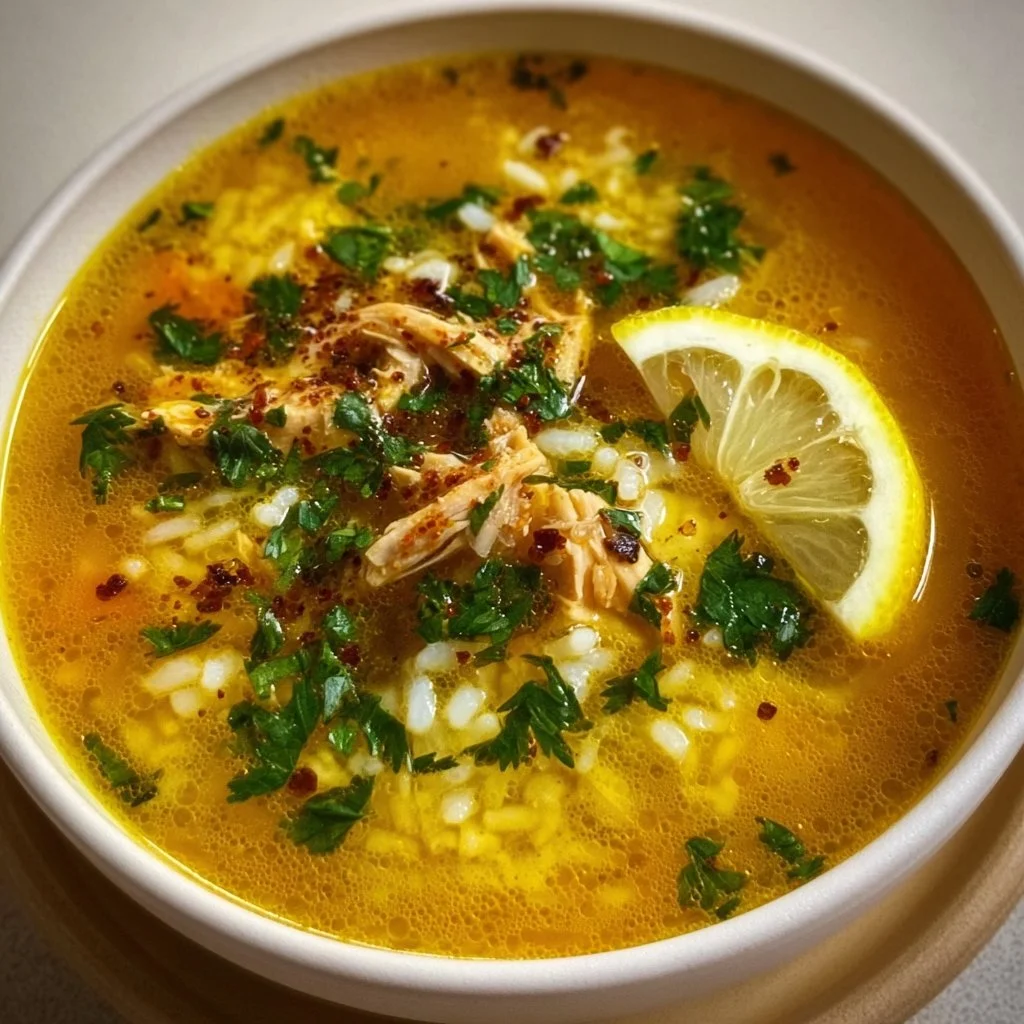 Bowl of Lemon Ginger Turmeric Chicken and Rice Soup garnished with herbs