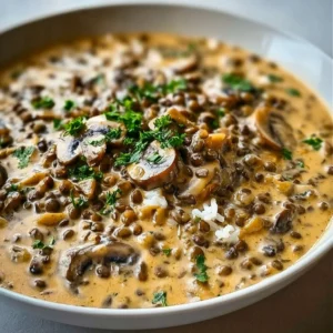 Delicious Lentil Mushroom Stroganoff served in a bowl with herbs