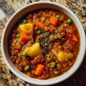 A bowl of lentil vegetable stew filled with colorful vegetables and lentils.