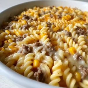 Cheddar Ranch Beef Bake with sweet corn and rotini pasta