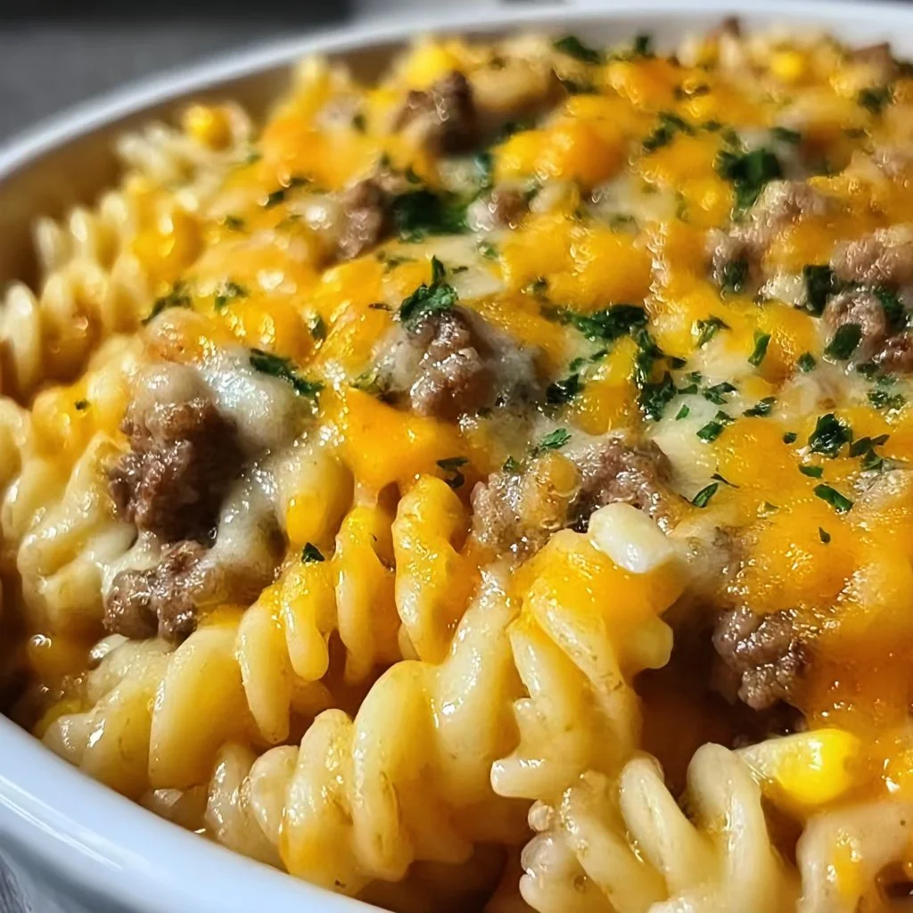 Loaded Cheddar Ranch Beef and Sweet Corn Rotini Bake