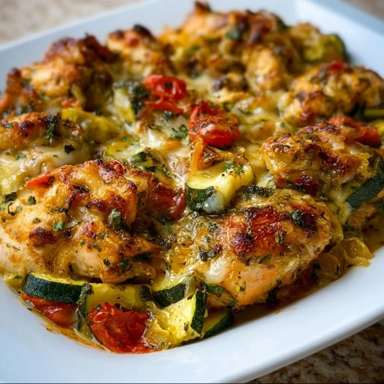 Mediterranean Chicken Zucchini Bake topped with fresh herbs and cheese