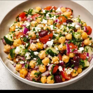 Mediterranean Chickpea Feta Salad with vibrant vegetables and feta cheese