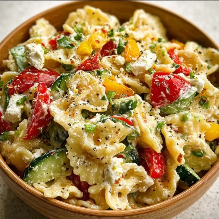 Mediterranean Cottage Cheese Pasta Salad with fresh vegetables and herbs