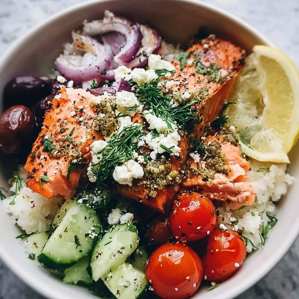Delicious Mediterranean Salmon Bowl garnished with fresh vegetables and herbs