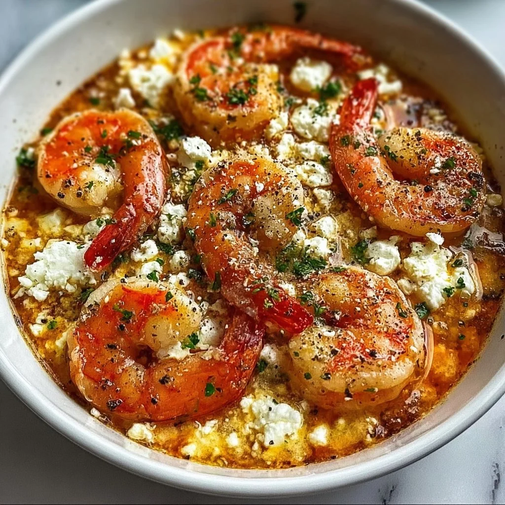 Mediterranean Shrimp & Feta dish with shrimp, feta cheese, and spices