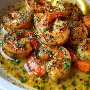 Mediterranean shrimp skillet with lemon garlic sauce served in a skillet