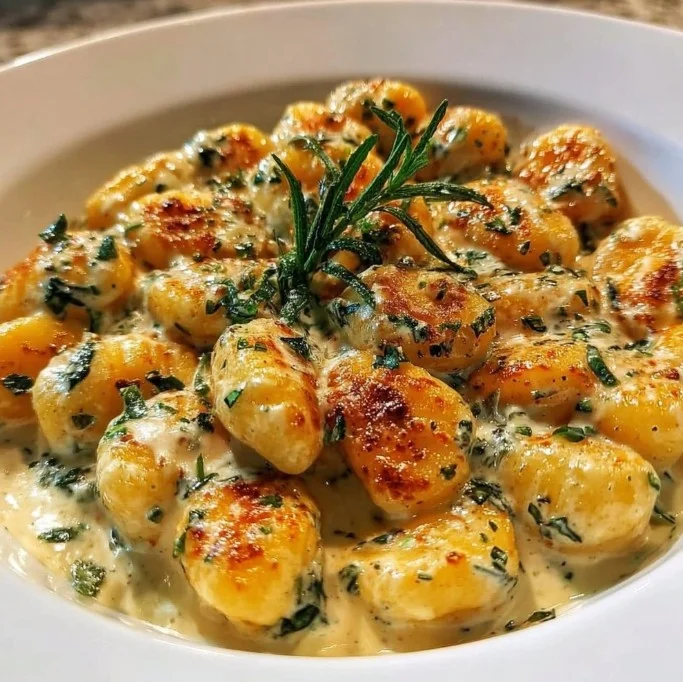 Plate of Millionaire Gnocchi with Creamy Sauce, garnished with herbs