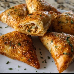 Moroccan spiced chicken pastries with flaky crust and aromatic spices.