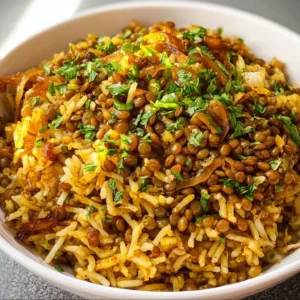 Bowl of Mujadara made with lentils and rice, garnished with caramelized onions.