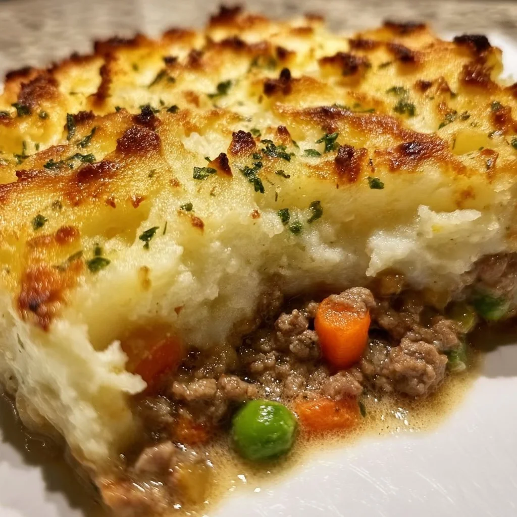 Delicious homemade shepherd's pie served in a baking dish with a golden crust