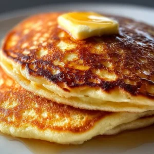 Stack of golden Old Fashioned Pancakes served with syrup and berries