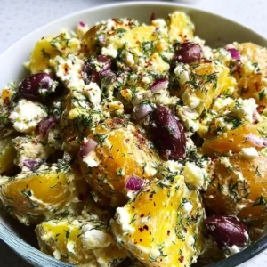 Delicious Olive Greek Potato Salad with vibrant greens and olives