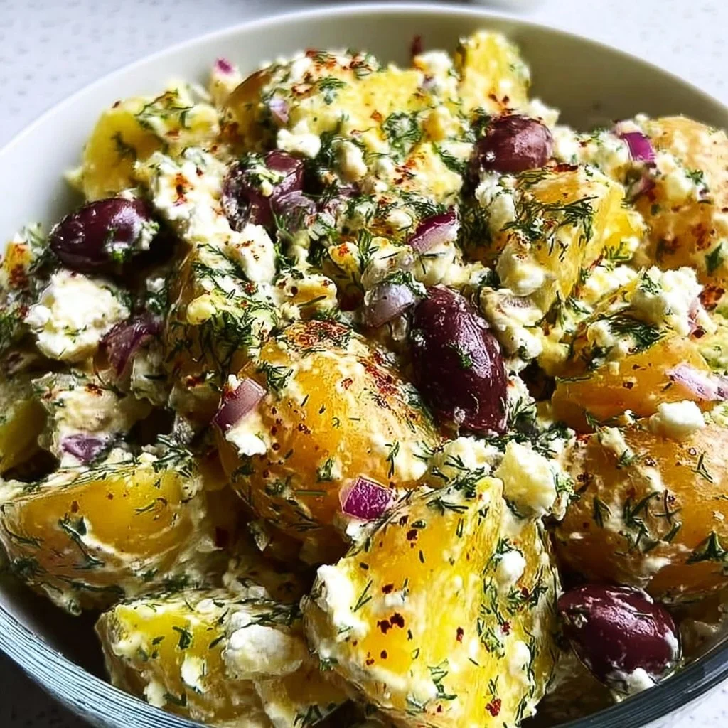 Delicious Olive Greek Potato Salad with vibrant greens and olives