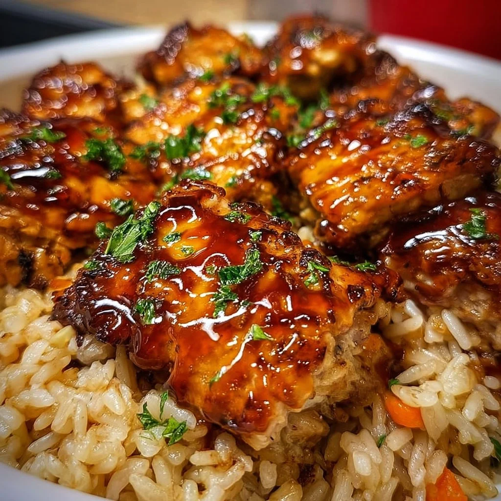 One-pan honey BBQ chicken served over rice with vibrant vegetables.