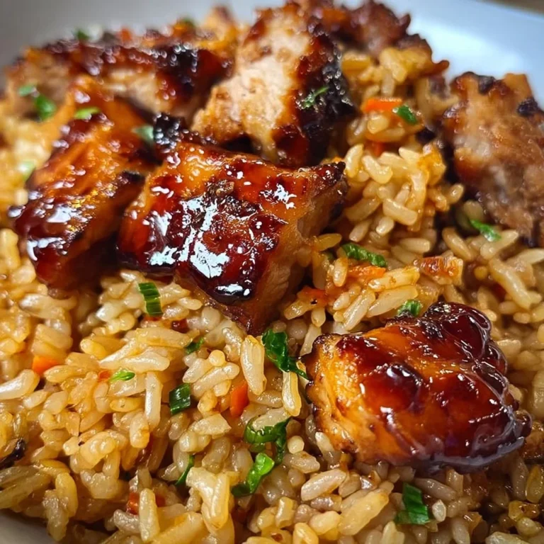 One-Pan Honey BBQ Chicken served with rice on a plate