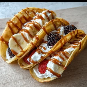 A delicious plate of pancake tacos filled with fruits and whipped cream, perfect for breakfast.