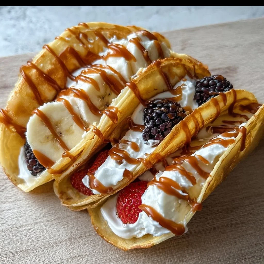 A delicious plate of pancake tacos filled with fruits and whipped cream, perfect for breakfast.