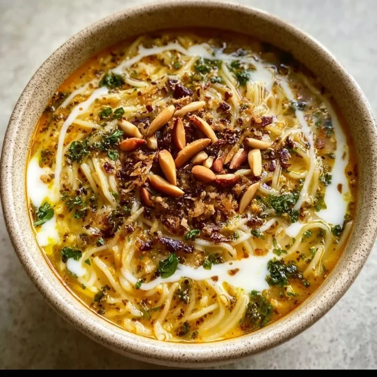 Delicious Persian Noodle Soup (Ash Reshteh) garnished with herbs and legumes