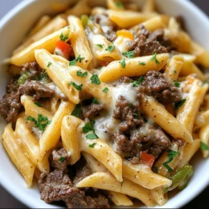 Delicious Philly Cheesesteak Pasta served in a bowl with cheese and peppers