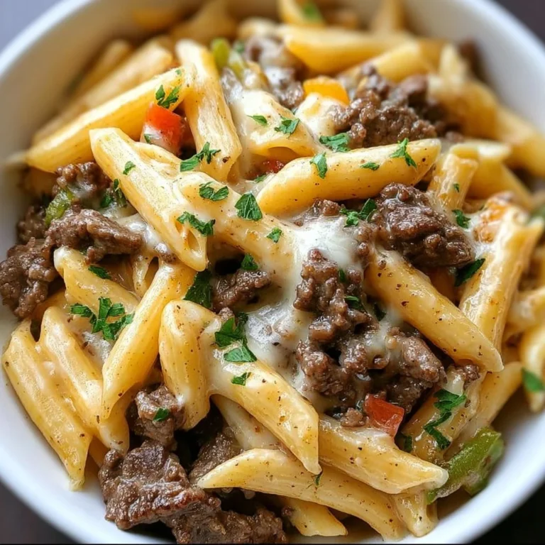 Delicious Philly Cheesesteak Pasta served in a bowl with cheese and peppers
