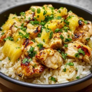 Delicious Pineapple Chicken with Rice served on a plate