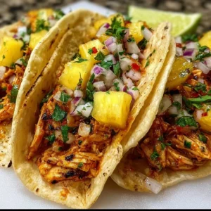 Delicious pineapple chicken tacos garnished with fresh ingredients