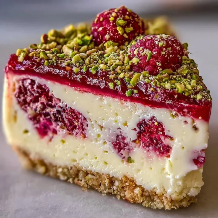 Pistachio Raspberry Crunch Cheesecake with layers of raspberry and crunchy topping