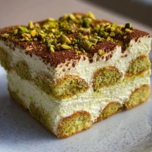 Delicious Pistachio Tiramisu dessert served in a glass dish