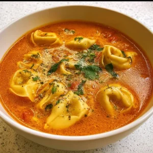 Delicious and creamy rich Tomato Tortellini Soup in a bowl garnished with herbs