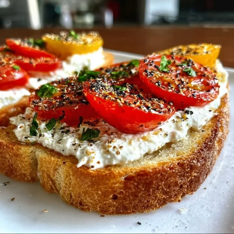 Ricotta and tomato sourdough toast topped with fresh herbs.