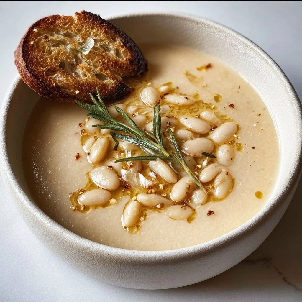 Bowl of roasted garlic and white bean soup garnished with herbs