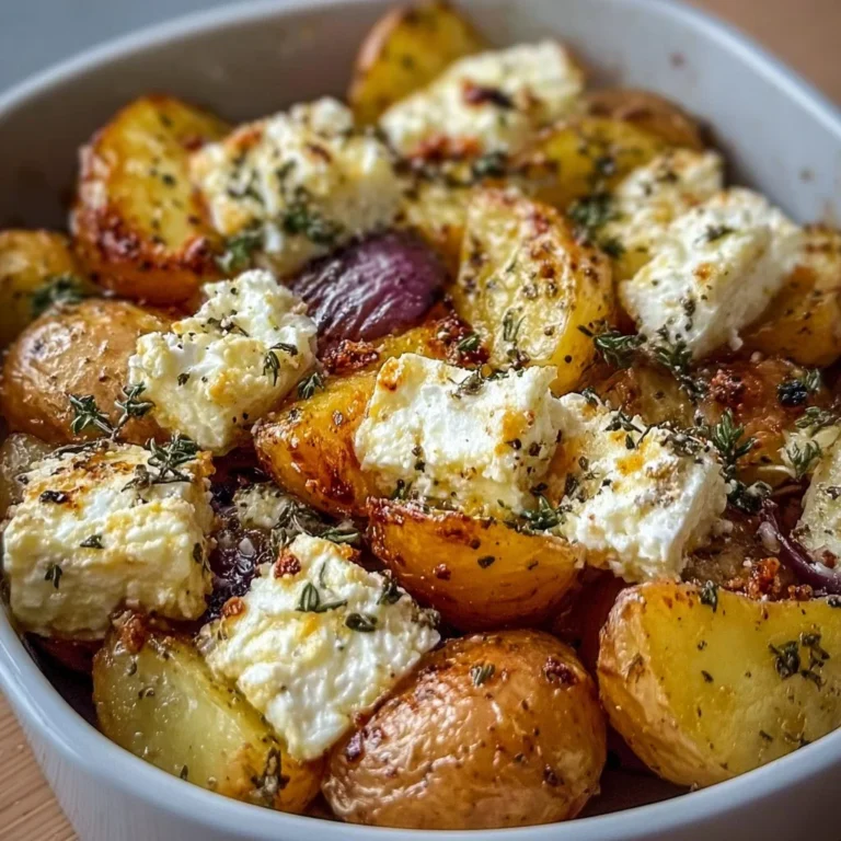 Delicious roasted potatoes with baked feta and garlic served in a bowl.