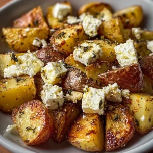 Delicious roasted potatoes with baked feta and garlic