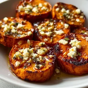 Roasted sweet potato rounds drizzled with honey and sprinkled with feta cheese