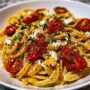 Plate of roasted tomato garlic pasta with fresh basil and cheese.