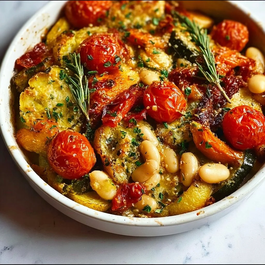 Rustic Roasted Vegetable Bake with Cannellini Beans served in a dish
