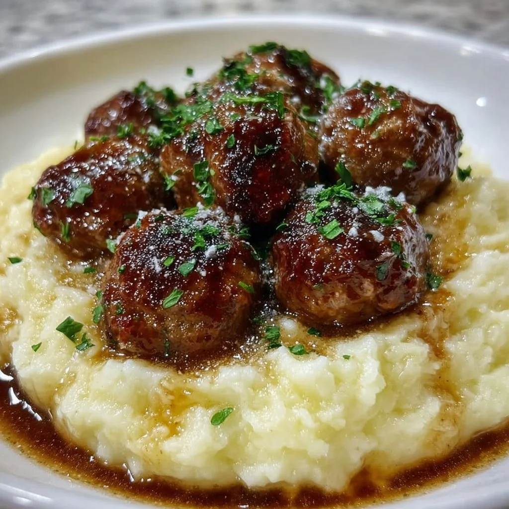 Delicious Salisbury steak meatballs with garlic herb mashed potatoes