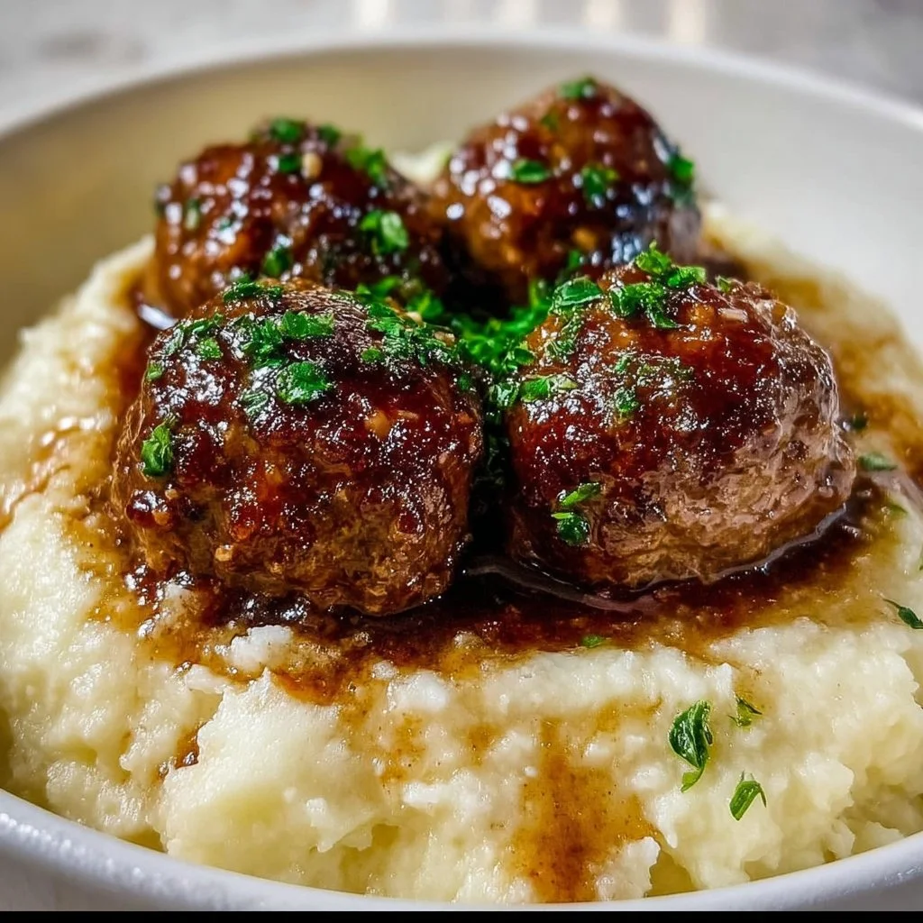 Salisbury Steak Meatballs with Garlic Herb Mashed Potatoes