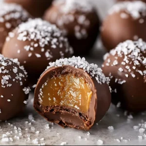 Homemade salted caramel truffles drizzled with chocolate on a rustic table.