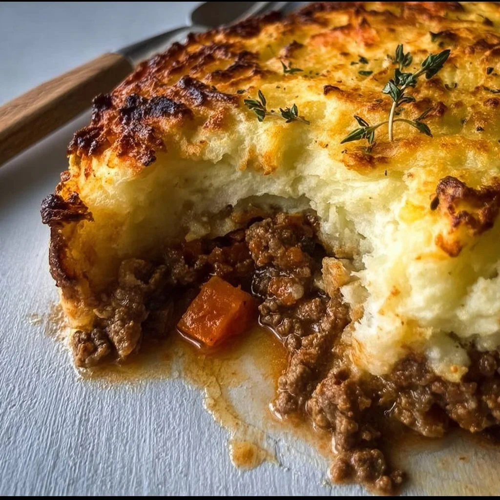 Delicious homemade Shepherd's Pie topped with fluffy mashed potatoes.