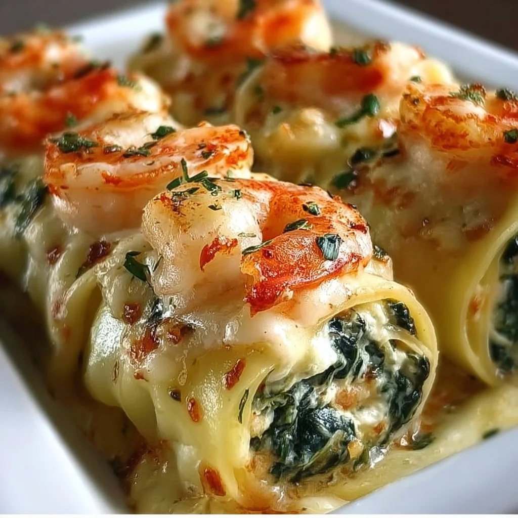 Shrimp and spinach stuffed pasta rolls served on a plate