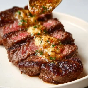 Cooked Cowboy Butter Steak with herbs and garlic, ready to serve.