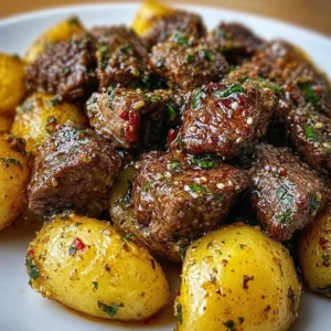 Slow cooker garlic butter beef bites with potatoes served in a bowl