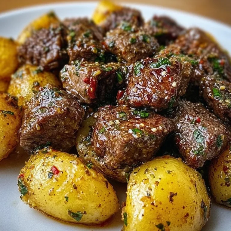 Slow cooker garlic butter beef bites with potatoes served in a bowl